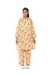 Plum Fine Doriya Lawn Pastel Yellow Colour Printed Pink Fuchsia Flowers On 2 pc suit For Girls.